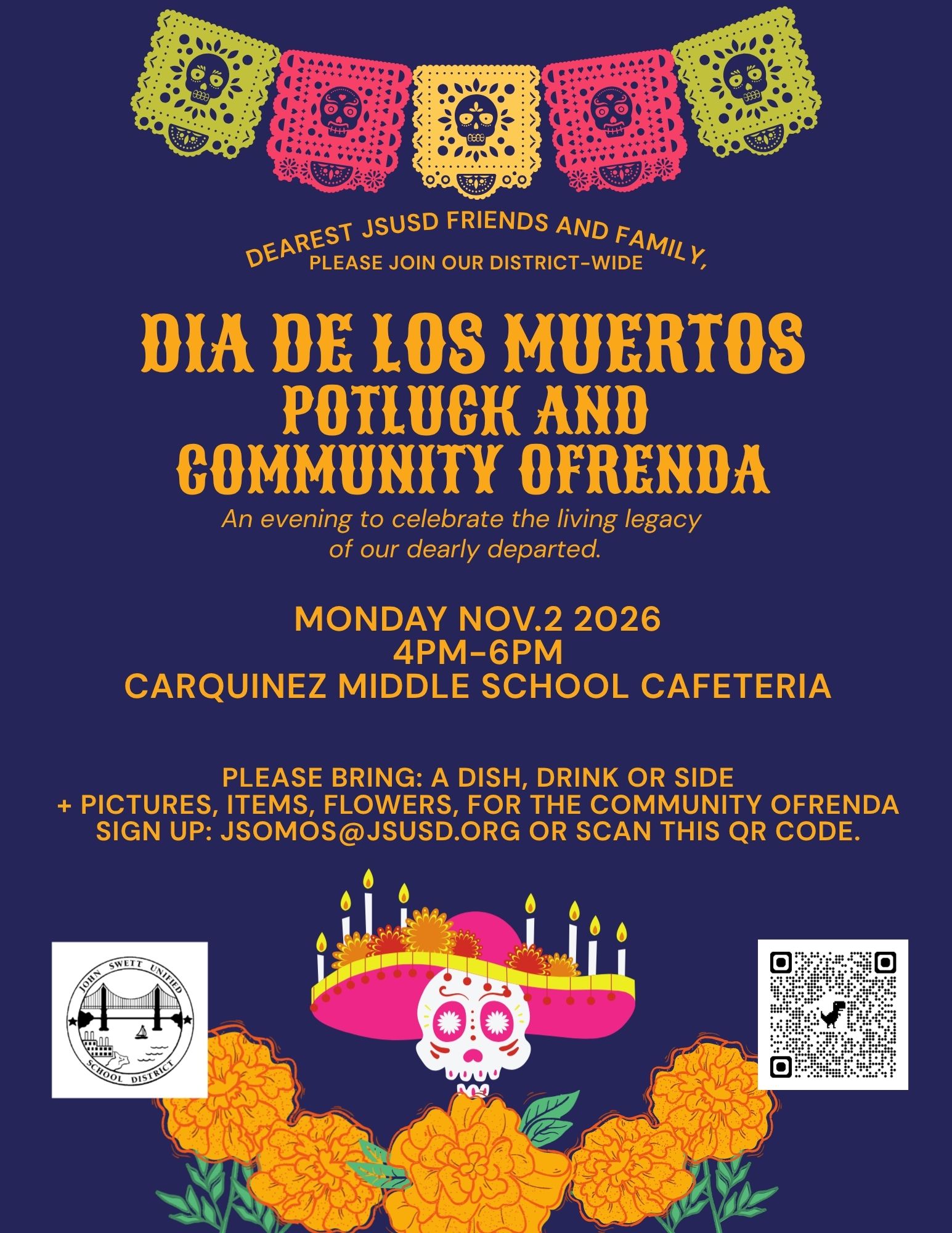 Flyer for the Community Potluck on 11/2/26 @ 4pm-6pm